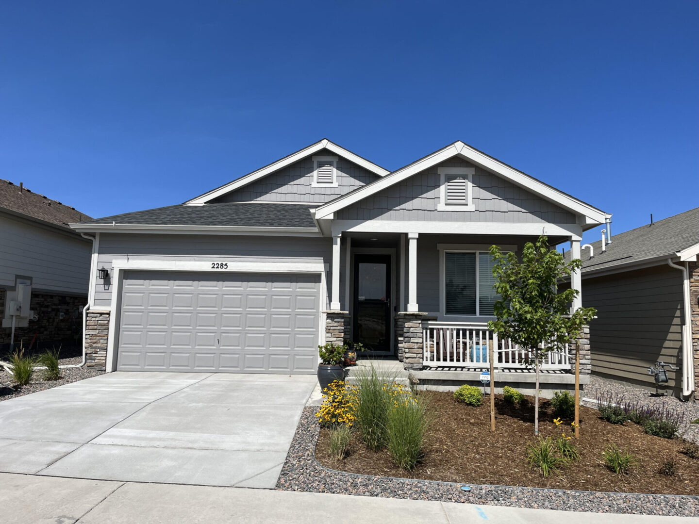 A house with a driveway and a plant in the front yard.