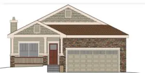 A drawing of a house with garage door open.