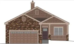 A drawing of a house with a garage door.