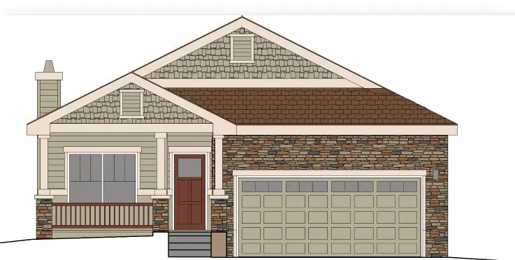 A drawing of a house with a garage door.